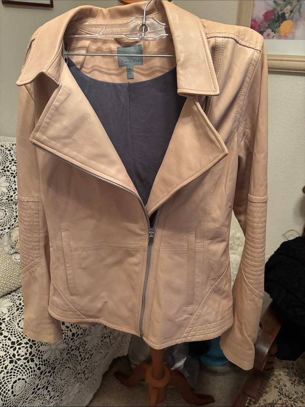 Athleta Light Beige Leather Moto Jacket